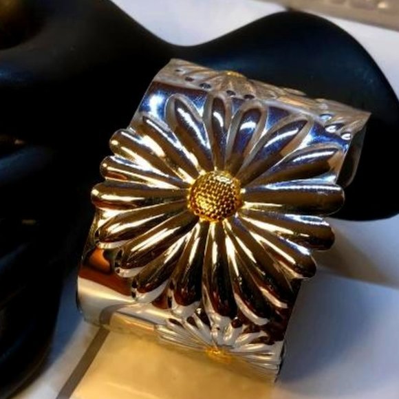 Wide Stainless Steel & Gold-Tone Sunflower Cuff Bracelet - Picture 1 of 9